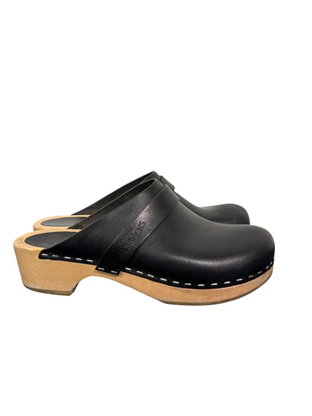 Swedish Hasbeens Leather Wooden Clogs Size 37